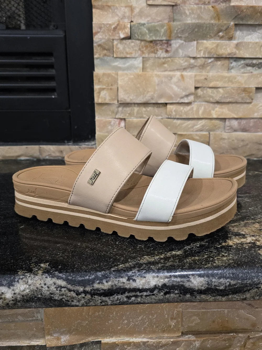 Reef Two-Band Slide Sandal in Beige and White